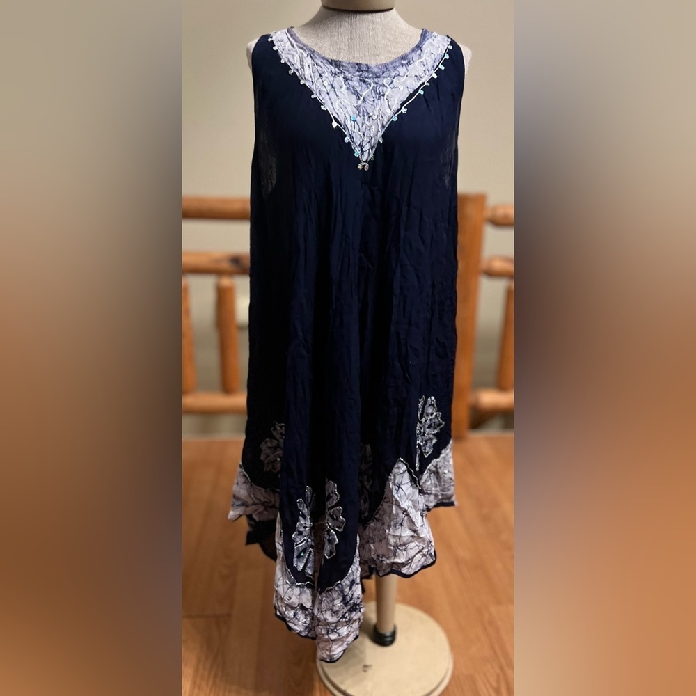 🌊 Riviera Sun Navy Embroidered Handkerchief Hem Dress — Free Plus - Picture 2 of 9
